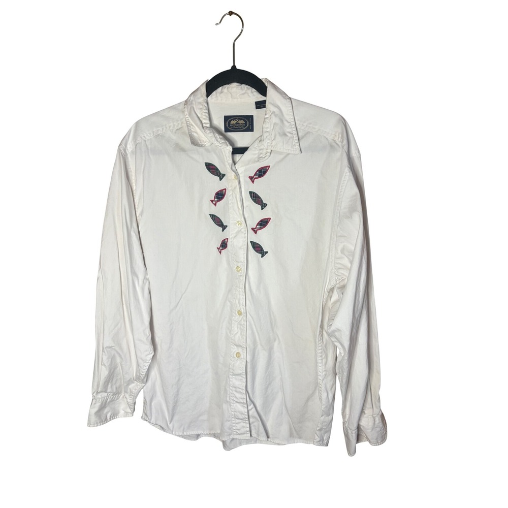 Vintage British Khaki Robert Lighton White Cotton Plaid Fish Embroidered Shirt
